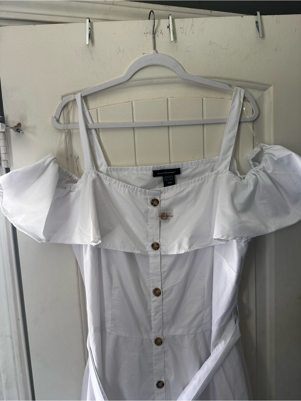 Ashley Stewart Off-Shoulder White Button-Front Midi Dress with Belt- 18/20 NWOT - Picture 3 of 5